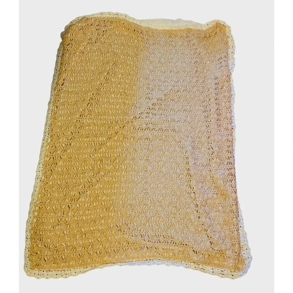 #4353 Crochet Lap or baby blanket tan color with beige trim